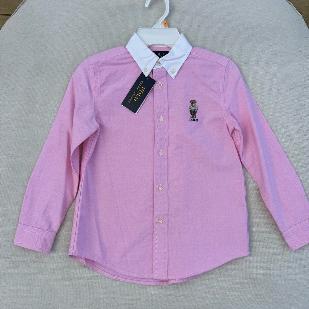 Polo Ralph Lauren Boys Pink Oxford Shirt NWT Size 7 Polo Bear Button Down
